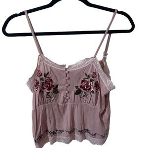 Women’s Floral Pink Button Front Crop Top with Embroidered Roses and Lace Trim